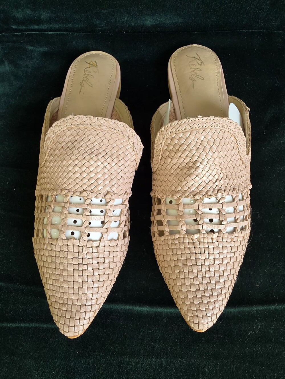Woven Leather Pointed-Toe Cogn Neutral Mules Flat Slides 41/9.5